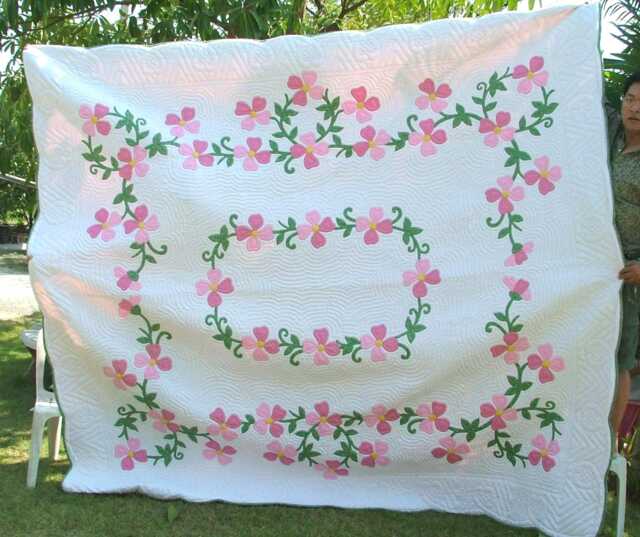 Floral Vine Appliqu??d Quilt, Custom Pink Flower Cotton Bedspread, Hand-Quilted Heirloom Gifts, Nature Inspired Queen - Cal King Quilt - image 1