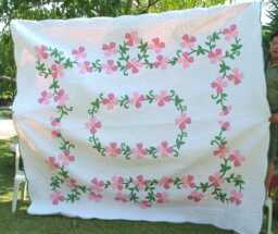 Floral Vine Appliqu??d Quilt, Custom Pink Flower Cotton Bedspread, Hand-Quilted Heirloom Gifts, Nature Inspired Queen - Cal King Quilt - thumbnail 1