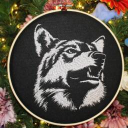 Grey Wolf Wall Art, Stitched Werewolf, Elegant Wildlife Embroidery Hoop - thumbnail 2