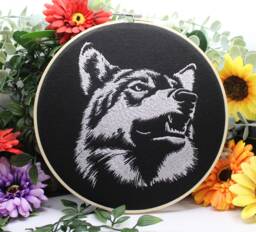 Grey Wolf Wall Art, Stitched Werewolf, Elegant Wildlife Embroidery Hoop - thumbnail 1