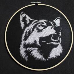 Grey Wolf Wall Art, Stitched Werewolf, Elegant Wildlife Embroidery Hoop - thumbnail 3