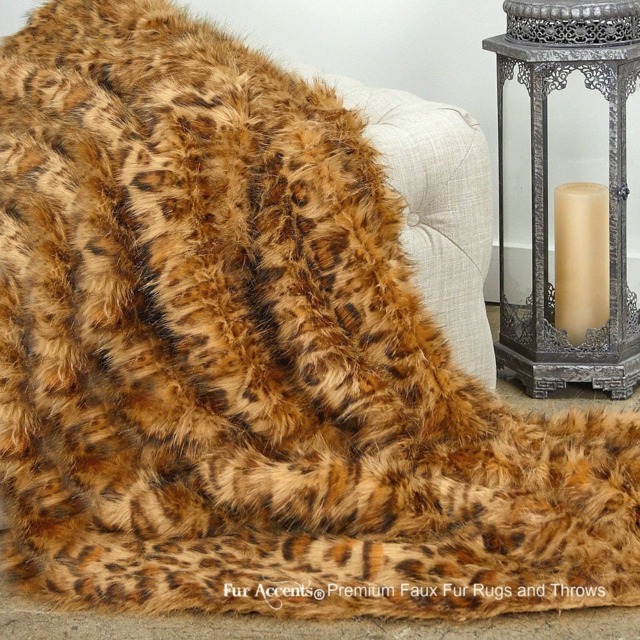 Faux Fur Throw Blanket - Orange Brown Leopard Shag, Minky Lining - image 1