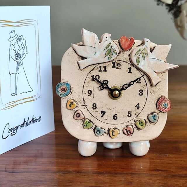 Wedding Handmade Analogue Clock For Couples. Unusual, Unique Pottery. An Unforgettable Ceramic Gift. Dove, Flower, Heart Design - image 1