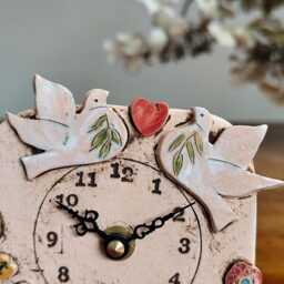 Wedding Handmade Analogue Clock For Couples. Unusual, Unique Pottery. An Unforgettable Ceramic Gift. Dove, Flower, Heart Design - thumbnail 3