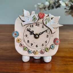 Wedding Handmade Analogue Clock For Couples. Unusual, Unique Pottery. An Unforgettable Ceramic Gift. Dove, Flower, Heart Design - thumbnail 2