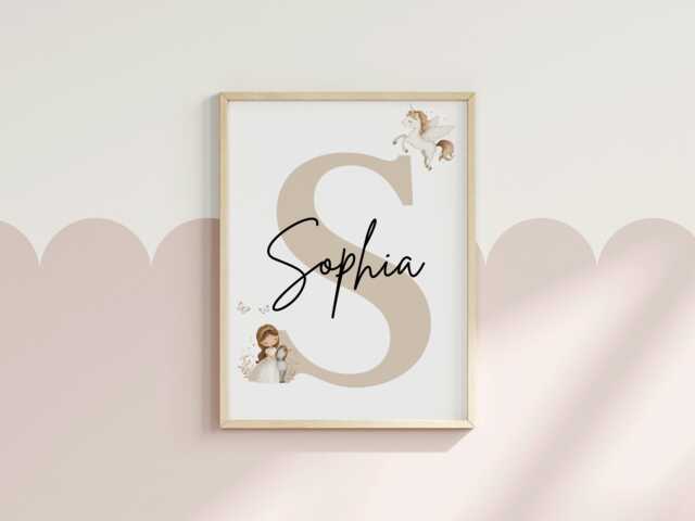 Personalised Unicorn Initial Name Print, & Princess Nursery Wall Art, Decor For Girls Bedroom, Pink Art - image 1