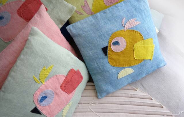 30 X cm Square Linen Cushions For Children With Bird Motif, Handmade, Vegetable Dye - image 1