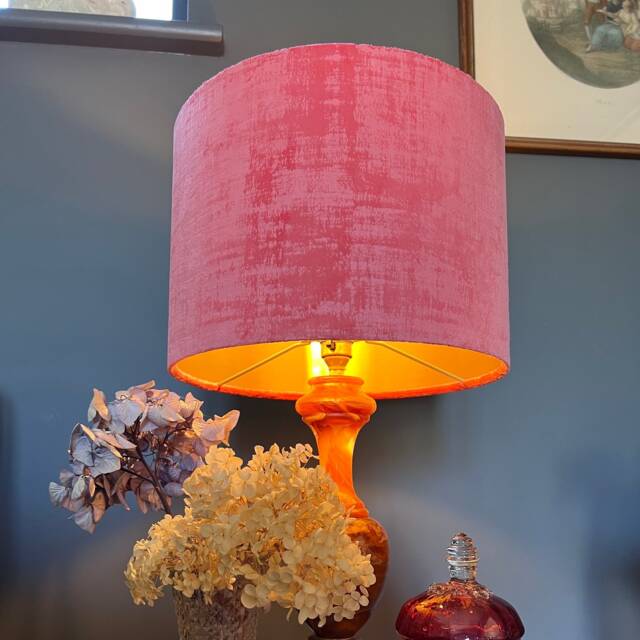 Coral Textured Velvet, Drum Lampshade /Ceiling Shade With A Metallic Brushed Gold Lining - image 1