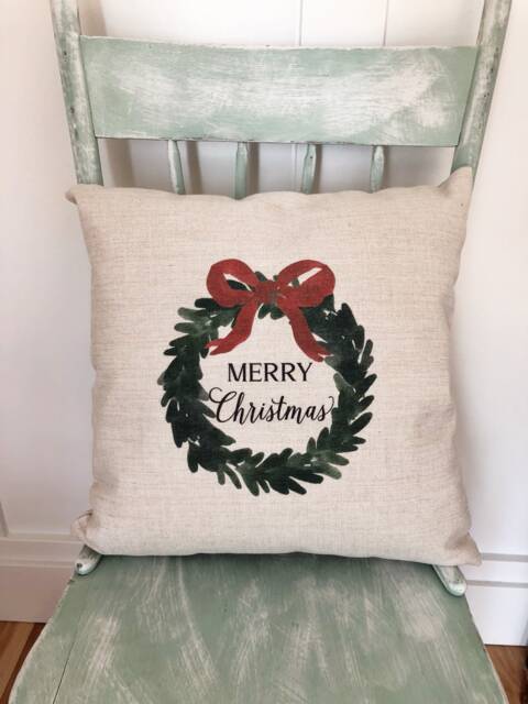 Merry Christmas Wreath Linen Pillow Cover - Farmhouse Holiday Decor - image 1