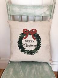 Merry Christmas Wreath Linen Pillow Cover - Farmhouse Holiday Decor - thumbnail 1