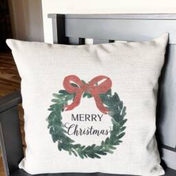 Merry Christmas Wreath Linen Pillow Cover - Farmhouse Holiday Decor - thumbnail 2