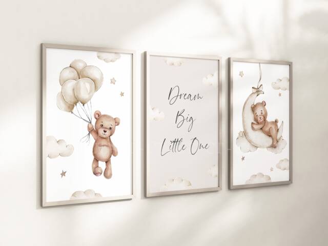 Baby Nursery Teddy Bear Prints - A4 Or A3 Size Stars Cloud Moon Boy Girl Wall Art Gender Unisex Neutral Beige Natural Boho Dream Big - image 1