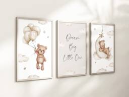 Baby Nursery Teddy Bear Prints - A4 Or A3 Size Stars Cloud Moon Boy Girl Wall Art Gender Unisex Neutral Beige Natural Boho Dream Big - thumbnail 1