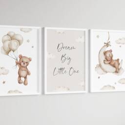 Baby Nursery Teddy Bear Prints - A4 Or A3 Size Stars Cloud Moon Boy Girl Wall Art Gender Unisex Neutral Beige Natural Boho Dream Big - thumbnail 3