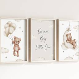 Baby Nursery Teddy Bear Prints - A4 Or A3 Size Stars Cloud Moon Boy Girl Wall Art Gender Unisex Neutral Beige Natural Boho Dream Big - thumbnail 2