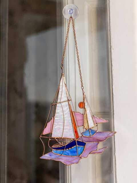 Pink Stain Glass Suncatcher Boat Ship Home Decor Window Wall Hangings, Mothers Gift House Picture Ocean Sea - image 1