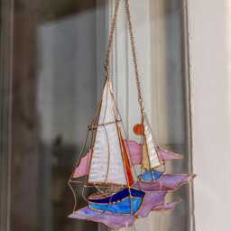 Pink Stain Glass Suncatcher Boat Ship Home Decor Window Wall Hangings, Mothers Gift House Picture Ocean Sea - thumbnail 4