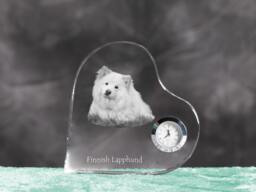 Finnish Lapphund - Crystal Clock in The Shape Of A Heart With Image Pure-Bred Dog - thumbnail 1