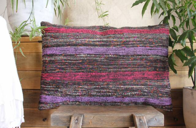 Handwoven Kilim Pillow Cover - Vintage Turkish Decor, Purple Lavender Charcoal - 16x24In - image 1