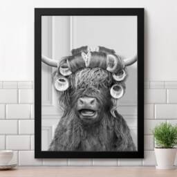 Black & White Highland Cow in Hair Curlers Print, Bathing, Funny Bathroom Animal Toilet Art, Rollers, Bath - thumbnail 3
