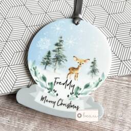 Personalised Merry Christmas Gift Snow Scene Woodland Deer Design Acrylic Snowglobe Ornament Keepsake Boy Gift Child - thumbnail 1