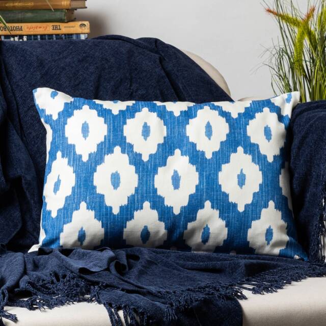 Sorrento Ikat Boudoir Cushion Cover. Modern Marine Blue & White Geometric Diamond Design, 17x12 - image 1