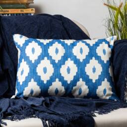 Sorrento Ikat Boudoir Cushion Cover. Modern Marine Blue & White Geometric Diamond Design, 17x12