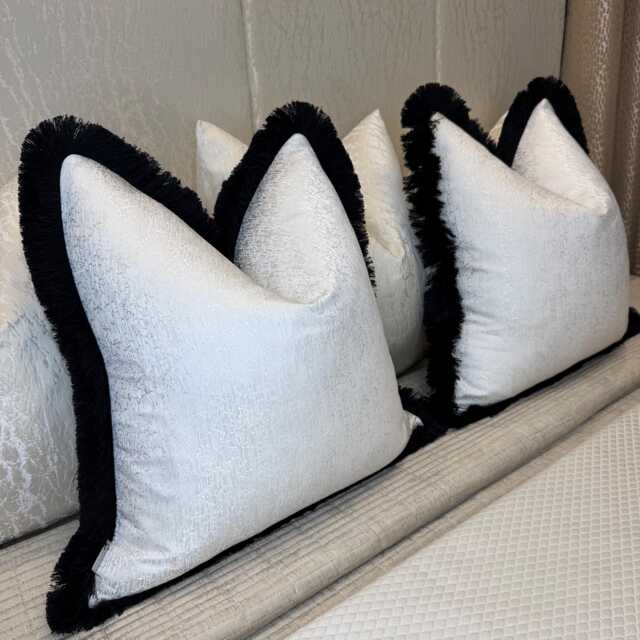 White Cushion Cover With Black Fringe Luxury Sofa Bed Decor Handmade in Uk, All Sizes Available - Blake - image 1