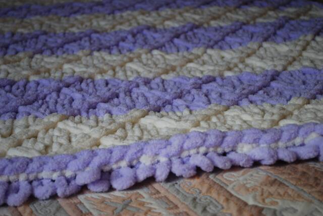 Hand Crochet Striped Baby Blanket Lilac & Ivory Plaid Rug - image 1
