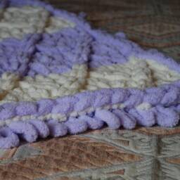 Hand Crochet Striped Baby Blanket Lilac & Ivory Plaid Rug - thumbnail 2