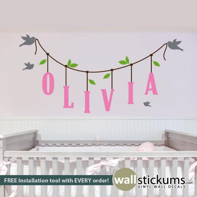 Birds Hanging Personalized Name - Wall Decal Decor Vinyl Sticker- Wd0355 - image 1