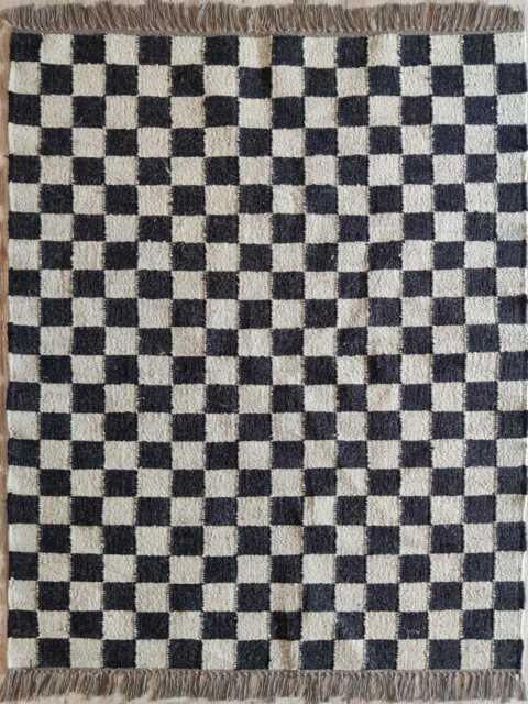 Handwoven Wool Jute Checkerboard Rug - Black & Natural Flatweave Kilim Modern Chessboard Area - image 1