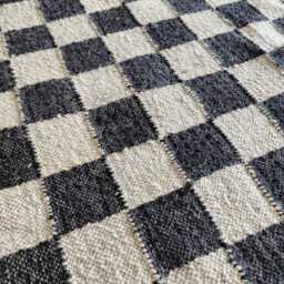 Handwoven Wool Jute Checkerboard Rug - Black & Natural Flatweave Kilim Modern Chessboard Area - thumbnail 2