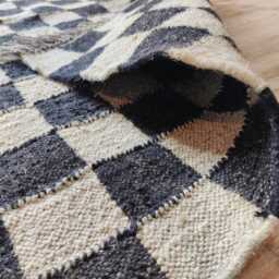 Handwoven Wool Jute Checkerboard Rug - Black & Natural Flatweave Kilim Modern Chessboard Area - thumbnail 3