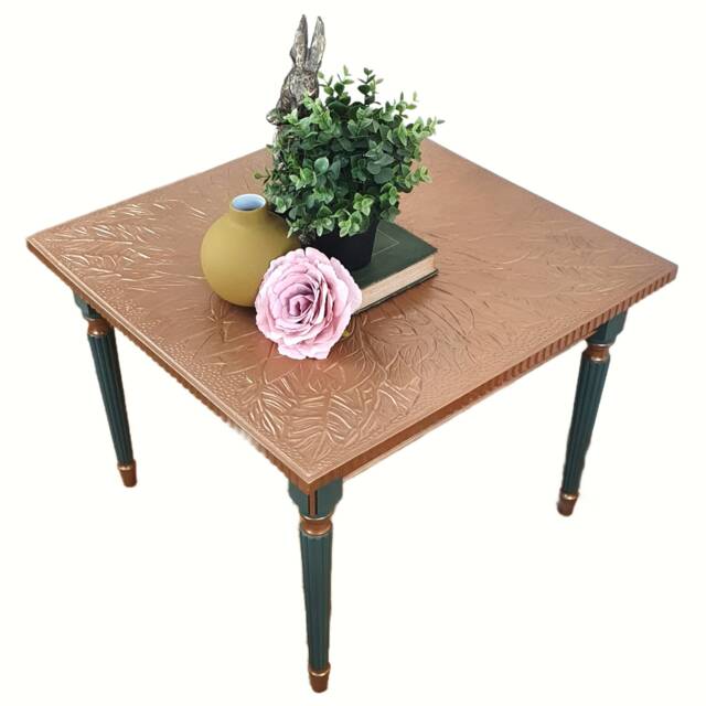 Square Vintage Coffee Table, Painted in A Neutral Dark Green With Soft Gold Metallic Top & Detailing On The Base & Legs - image 1