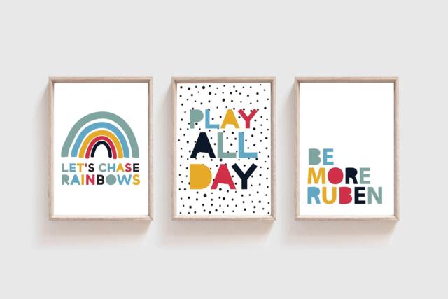Set Of 3 Boys Nursery Prints, Lets Chase Rainbows, Bedroom Decor, Wall Art, Play All Day, Be More Name Print, Playroom Prints - image 1