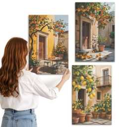 3 Piece Canvas Set - Citrus Fruits in A Sunny Courtyard With Plants, Orange Print, Plants & Flowers Wall Decor - thumbnail 3
