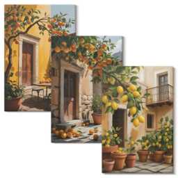 3 Piece Canvas Set - Citrus Fruits in A Sunny Courtyard With Plants, Orange Print, Plants & Flowers Wall Decor - thumbnail 2