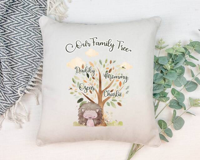 Personalised Hedgehog Family Tree Cushion - Nursery Decor - image 1