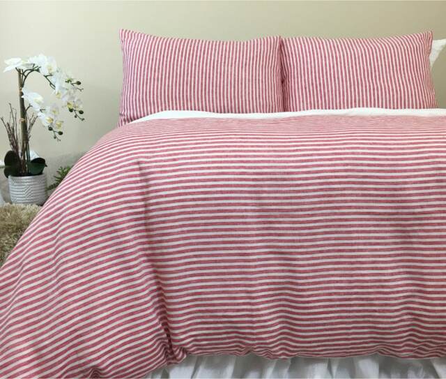 Red & White Striped Linen Duvet Cover - Farmhouse Comfy - image 1
