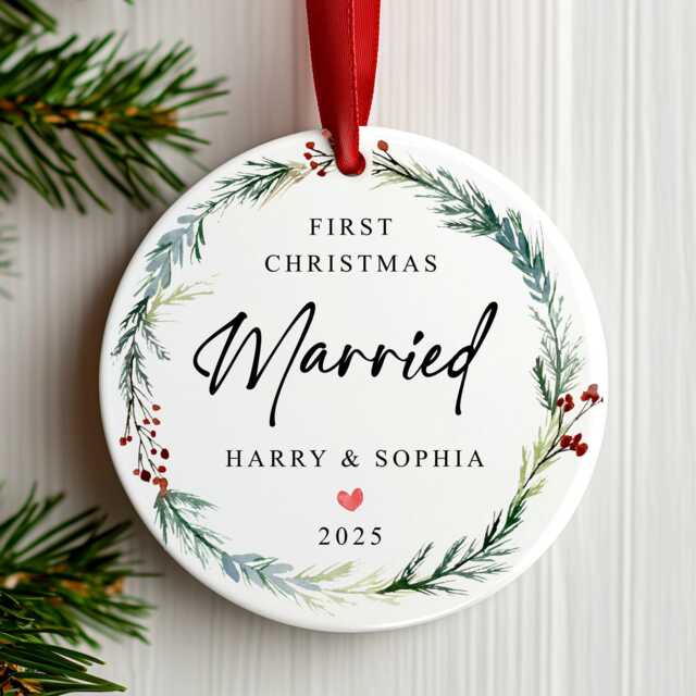 First Christmas Married Bauble - Ceramic Winter Wreath Ornament Xmas Couple Decoration Personalised Names Wedding Gift - image 1