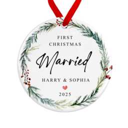 First Christmas Married Bauble - Ceramic Winter Wreath Ornament Xmas Couple Decoration Personalised Names Wedding Gift - thumbnail 2