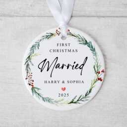 First Christmas Married Bauble - Ceramic Winter Wreath Ornament Xmas Couple Decoration Personalised Names Wedding Gift - thumbnail 3