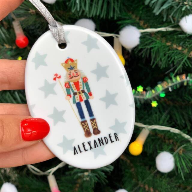 Personalised Retro Christmas Nutcracker Ceramic Bauble - Watercolour Decoration Tree Gift Box Available - image 1