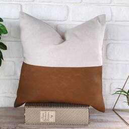 Vintage Faux Leather Linen Pillow Cover Half Brown, 16x16'' - thumbnail 2