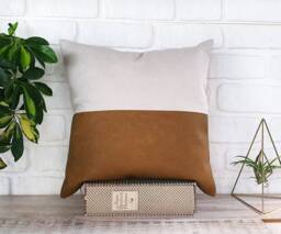 Vintage Faux Leather Linen Pillow Cover Half Brown, 16x16'' - thumbnail 1