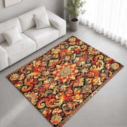 Black Orange Ornate Floral Medallion Rug Non-Slip Soft Area Carpet Bedroom Living Room Hallway Mat Decor - Made in UK