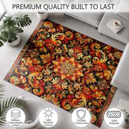 Black Orange Ornate Floral Medallion Rug Non-Slip Soft Area Carpet Bedroom Living Room Hallway Mat Decor - Made in UK - thumbnail 3