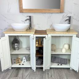 Bathroom Vanity Unit - Sink Washstand Slimline White Painted With Cream Marble Worktop & Sit On Basins Taps Plugs Included - thumbnail 2