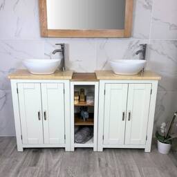 Bathroom Vanity Unit - Sink Washstand Slimline White Painted With Cream Marble Worktop & Sit On Basins Taps Plugs Included